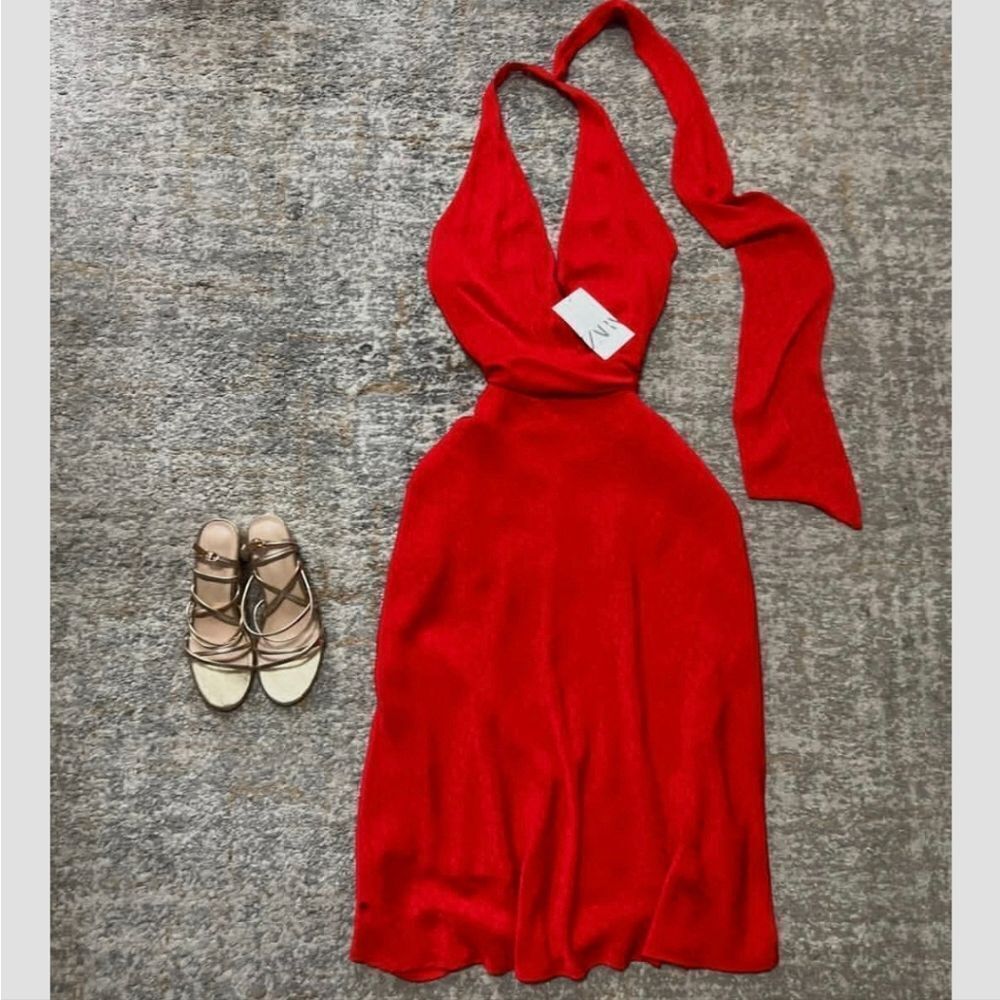 NWT ZARA RED SATIN EFFECT JACQUARD MIDI DRESS